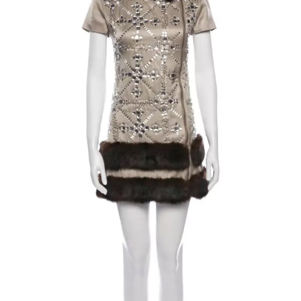 Moschino Couture Crystal Embellished Fur Trim Gold Zipper Dress USA 8 RHINESTONE - Picture 7 of 14